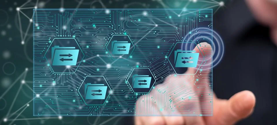 Man touching a data exchange concept 写真素材