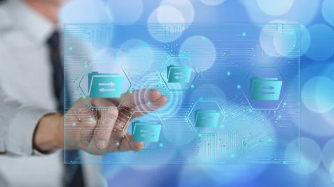 Man touching a data exchange concept 写真素材