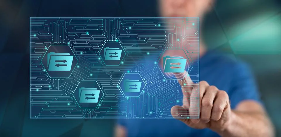 Man touching a data exchange concept Foto stock