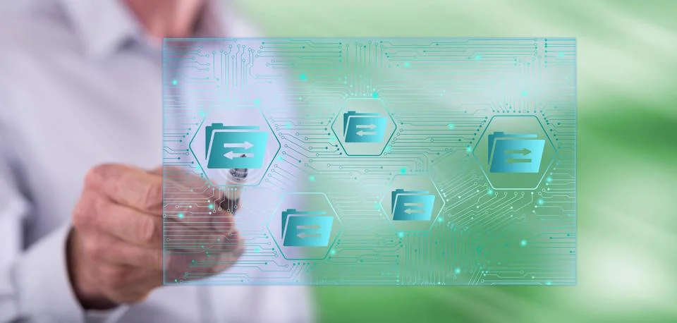 Man touching a data exchange concept 스톡 사진