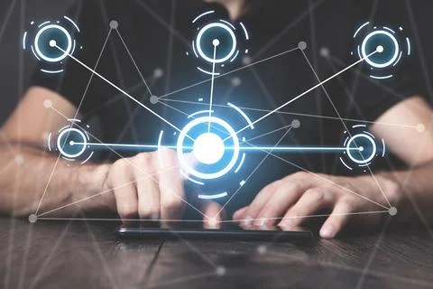 Man touching data network with his finger. Stock Photos