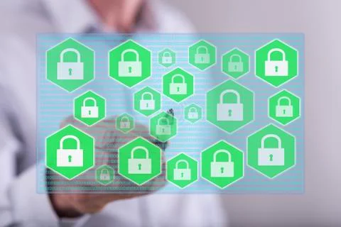 Man touching a data security concept on a touch screen Stock Photos