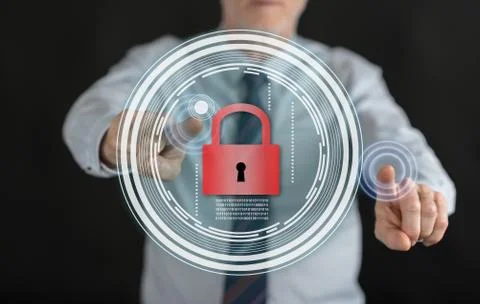 Man touching a data security concept on a touch screen Stock Photos