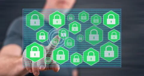 Man touching a data security concept on a touch screen Stock-Fotos
