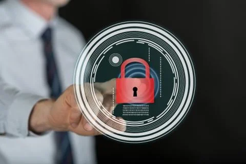 Man touching a data security concept on a touch screen Foto stock