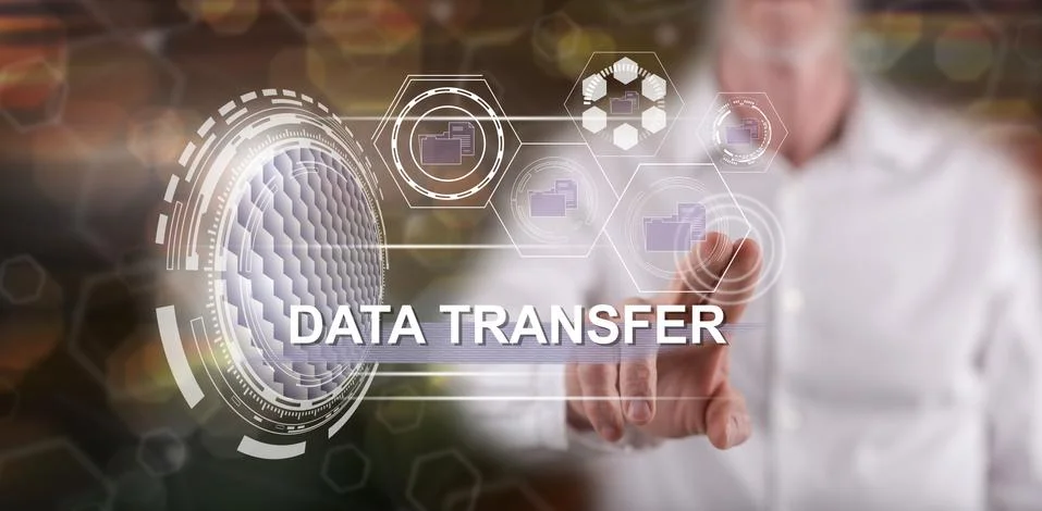 Man touching a data transfer concept 스톡 사진