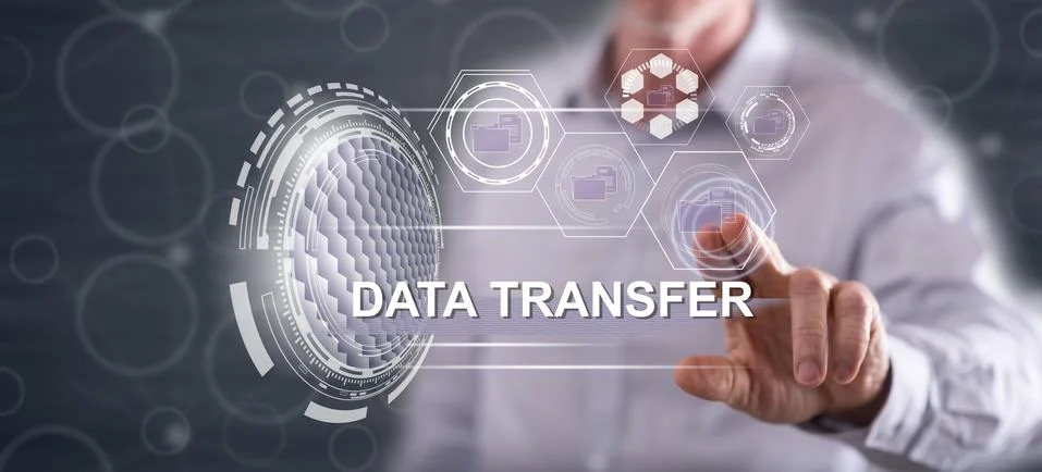Man touching a data transfer concept 스톡 사진