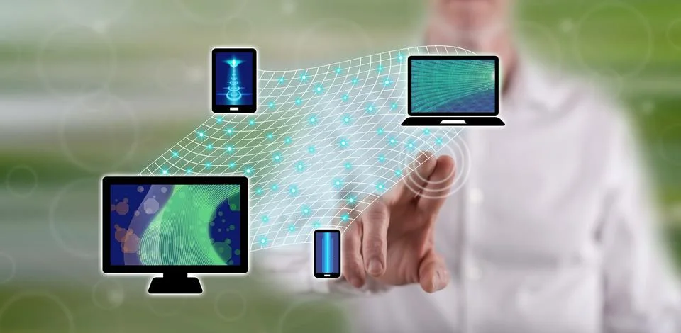 Man touching a device connection concept Foto stock