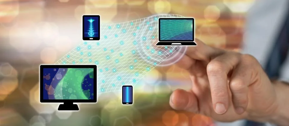 Man touching a device connection concept Stock Photos