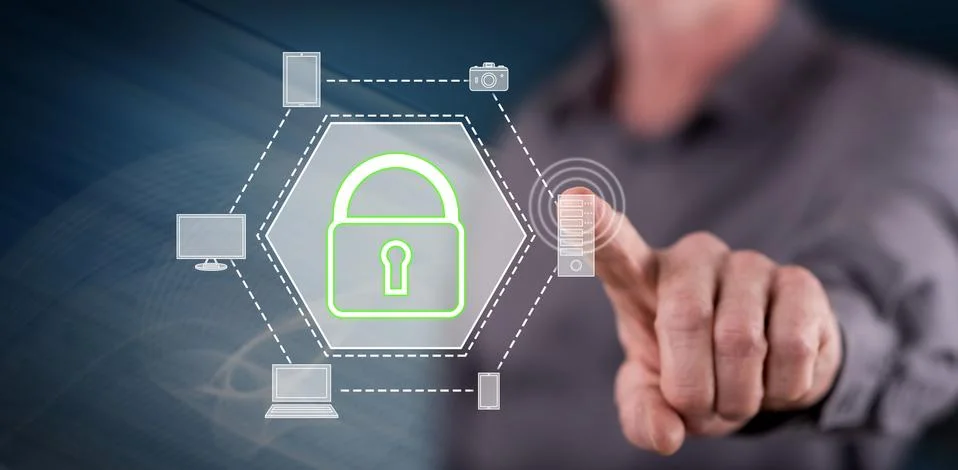 Man touching a devices security concept 스톡 사진