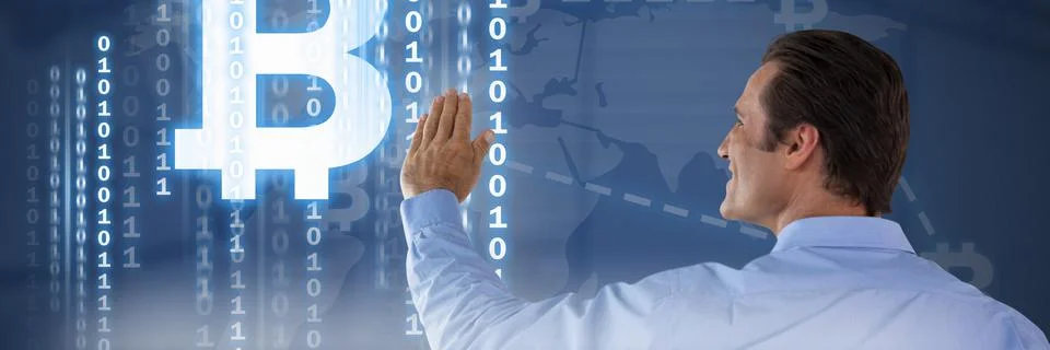 Man touching digit interface 스톡 사진