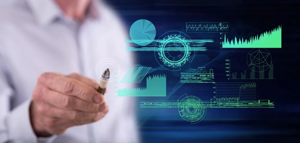Man touching a digital analytics concept Stock Photos