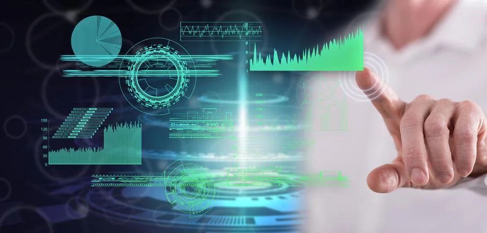 Man touching a digital analytics concept Stock Photos