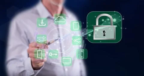 Man touching a digital security concept Stock Photos