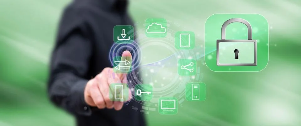 Man touching a digital security concept Stock Photos