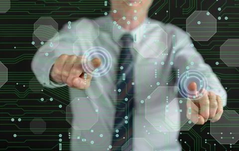 Man touching a digital technology concept on a touch screen Stock-Fotos