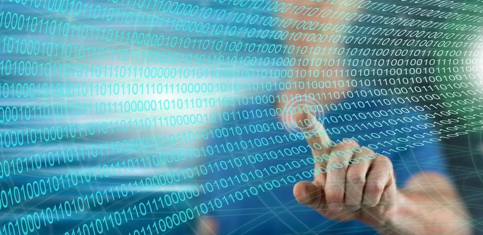 Man touching a digital technology concept Stockfoto's