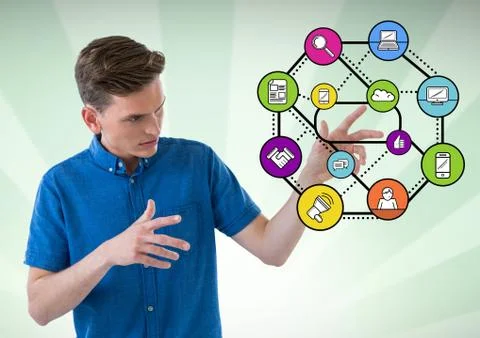 Man touching digitally generated application icons interface Foto stock