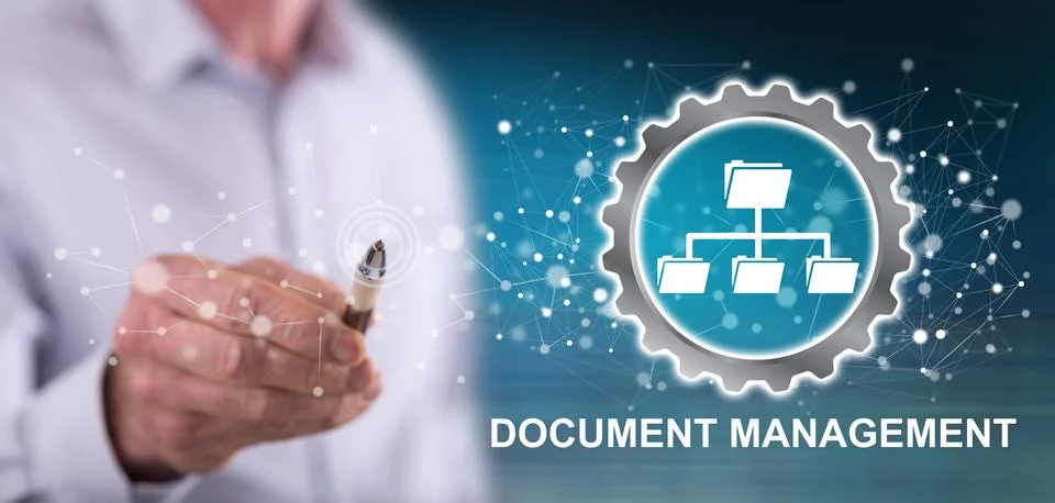 Man touching a document management concept 스톡 사진