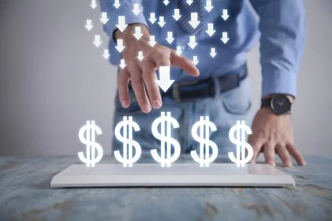 Man touching down arrows. Dollars symbols. Financial crisis. Economic decline Stock Photos