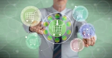 Man touching an e-commerce concept Stock Photos