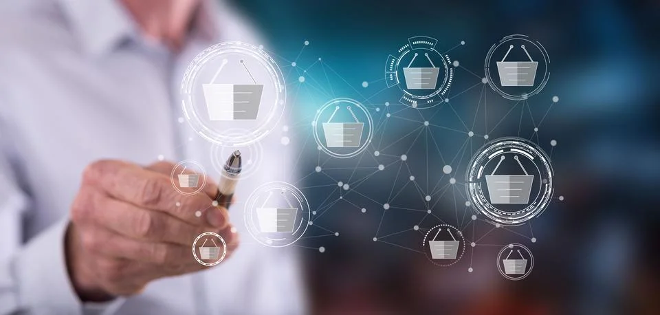 Man touching an e-commerce concept Fotos Stock