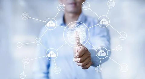 Man touching fingerprint of Cloud networking concept, touch screen with hand  Stock Photos