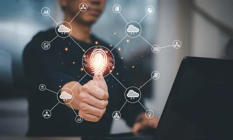Man touching fingerprint of Cloud networking concept, touch screen with hand  Stock Photos