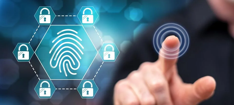 Man touching a fingerprint security system concept 스톡 사진