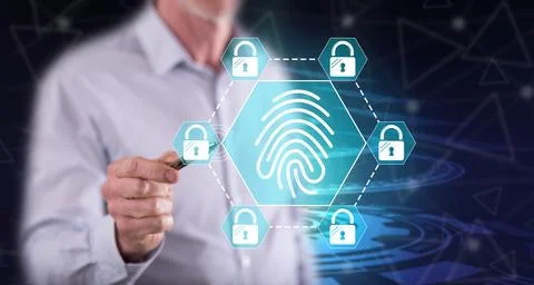 Man touching a fingerprint security system concept Stock-Fotos