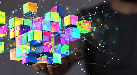 Man touching a floating render of colorful data security cloud technology Foto stock