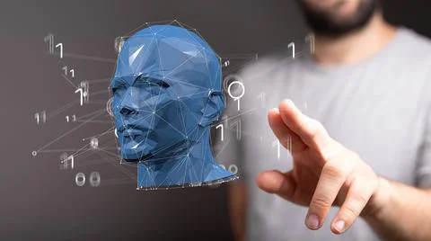 Man touching a floating render of the head Stock Photos