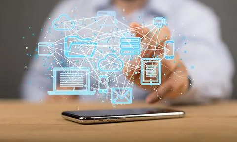 Man touching a floating render of an integrated digital web Foto stock