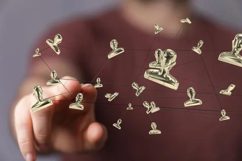 Man touching a floating render of a social network connecting people icon Stock Photos