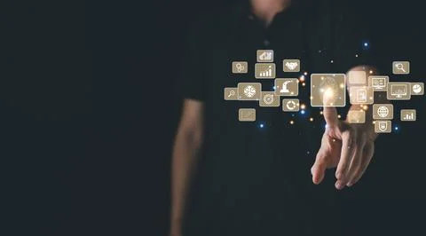 Man touching futuristic digital processing of biometric identification finger Foto stock