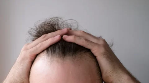 Man touching her hair close up on gray background, hair loss concept. Stock Footage 247484477