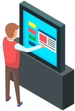Man touching high-tech screen in isometric illustration standing near digital 库存插图