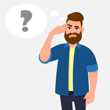 Man touching his temples and questioning. Man holding finger on head. Stock Illustration