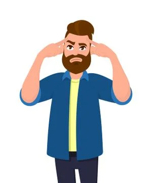 Man touching his temples and remembering something. Man holding finger on head. 库存插图