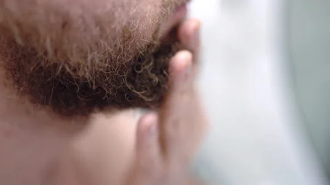 Man touching his thick beard with his hands in close up shot, male doing daily Stock Footage 223114167