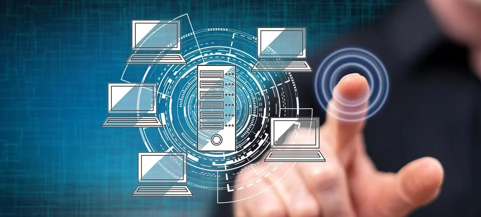 Man touching a hosting concept Stock Photos