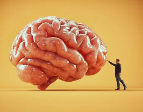 Man touching a huge human brain. Mental capacity, cognitive processing, and.. Stock Illustration