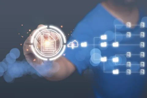 A man touching icon virtual online. Document Management System. Database an.. Illustrazione stock