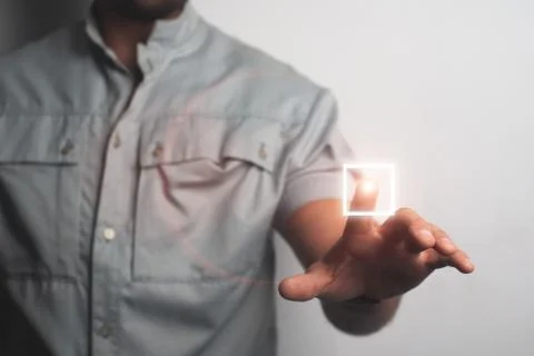 Man touching imaginary screen with his finger Stock-Fotos