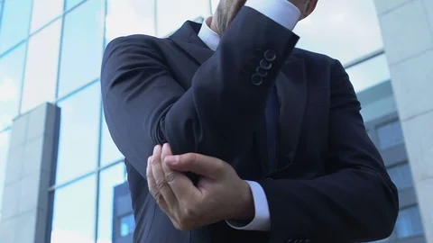 Man touching inflamed elbow, suffering chronic joint disease, calcium deficiency Stock Footage 117222478