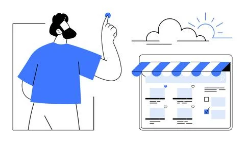 Man touching interactive screen, e-commerce website with awning, cloud, sun.  Stock-Illustration