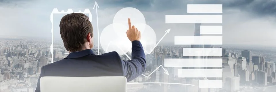 Man touching interface with city backdrop Stock Photos