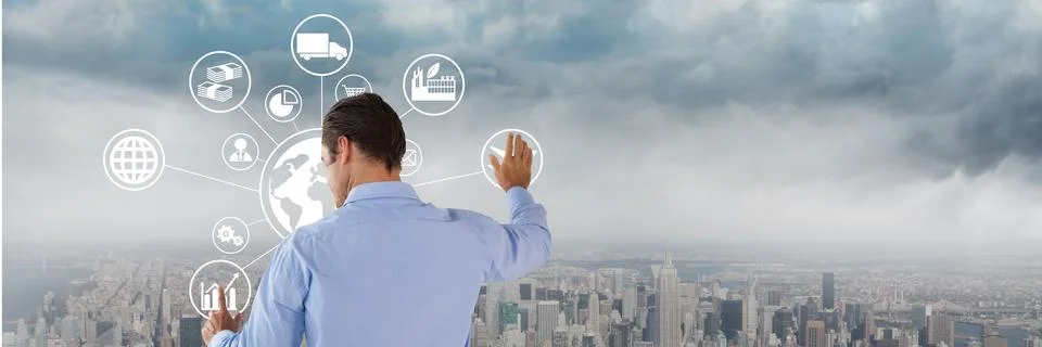 Man touching interface with city background Stock Photos