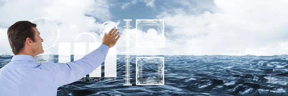 Man touching interface with sea background Foto stock