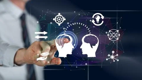 Man touching a knowledge sharing concept 스톡 사진